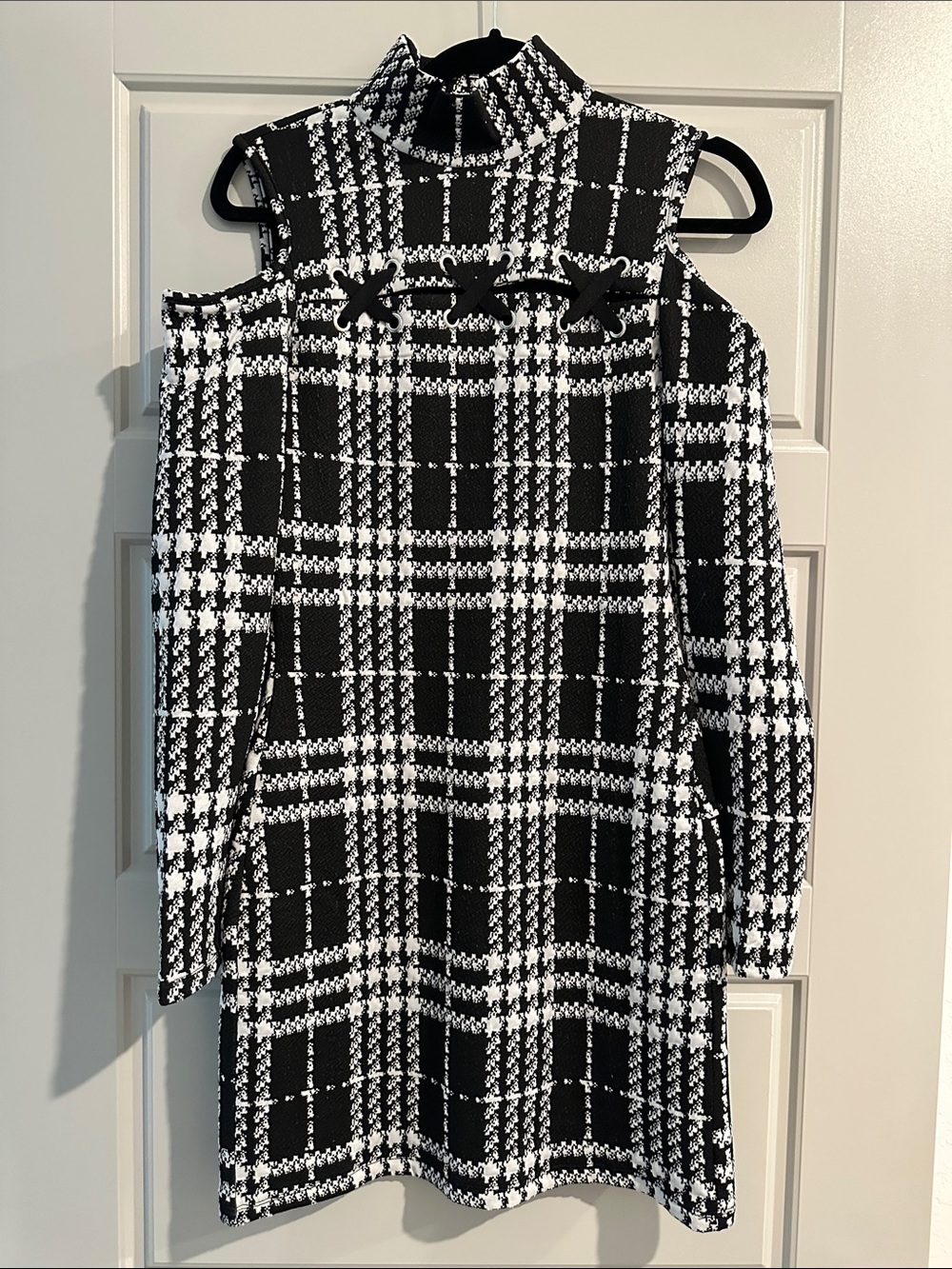 VENUS Black & White Plaid Cold-Shoulder Cowl Sweater Dress